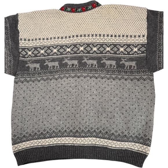Vintage Nordic Wool Cardigan Sweater Gray Fair Isle Reindeer Pattern XL - Picture 9 of 12